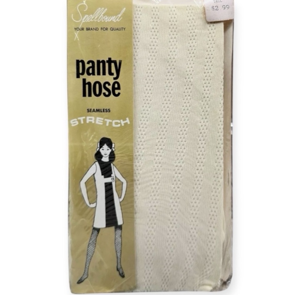 1960’s Mod Textured Pantyhose in Cream, Vintage Net Stockings Tights, Deadstock
